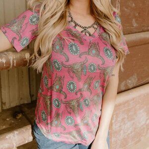 Pink Bull Skull V-Neck Tee